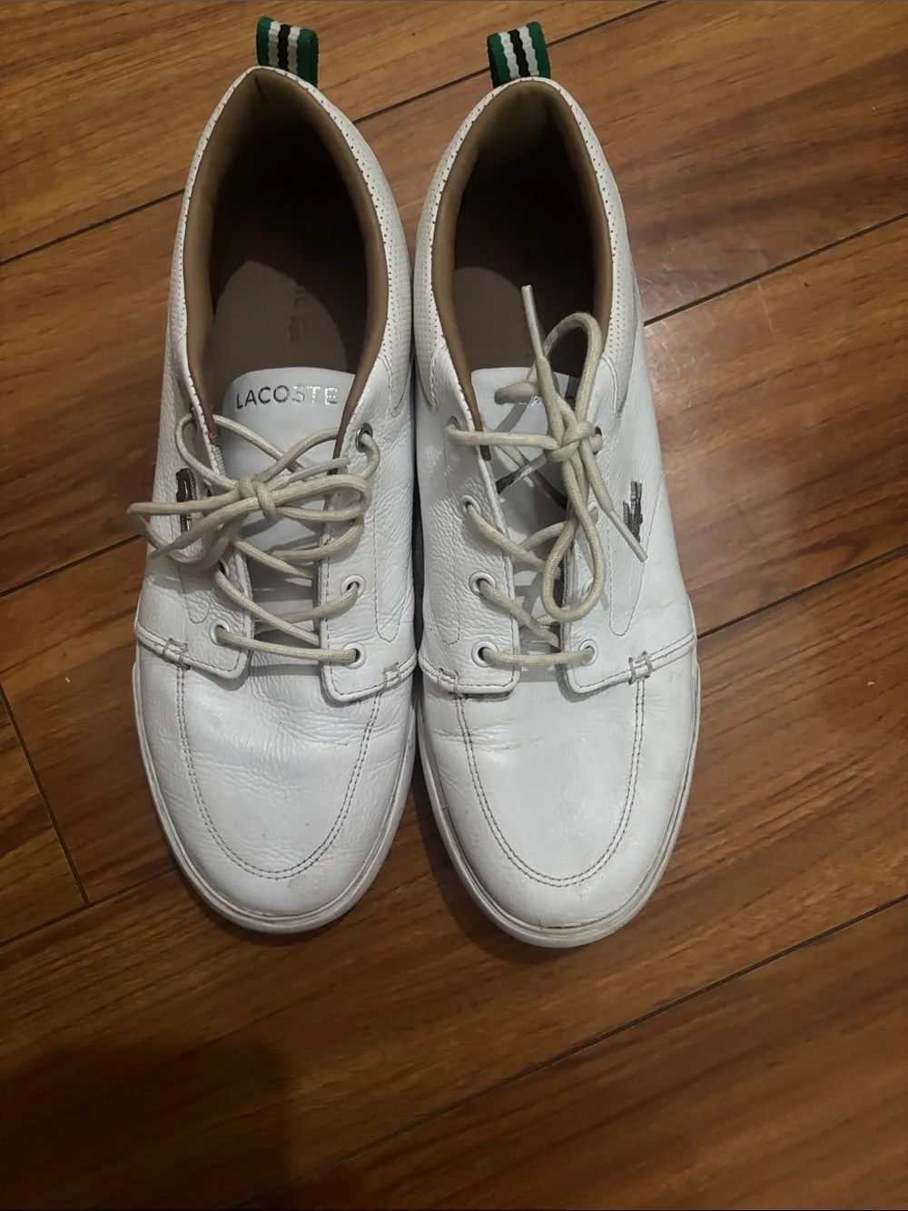 Lacoste White Leather Boat Shoes with Green Heel Tabs